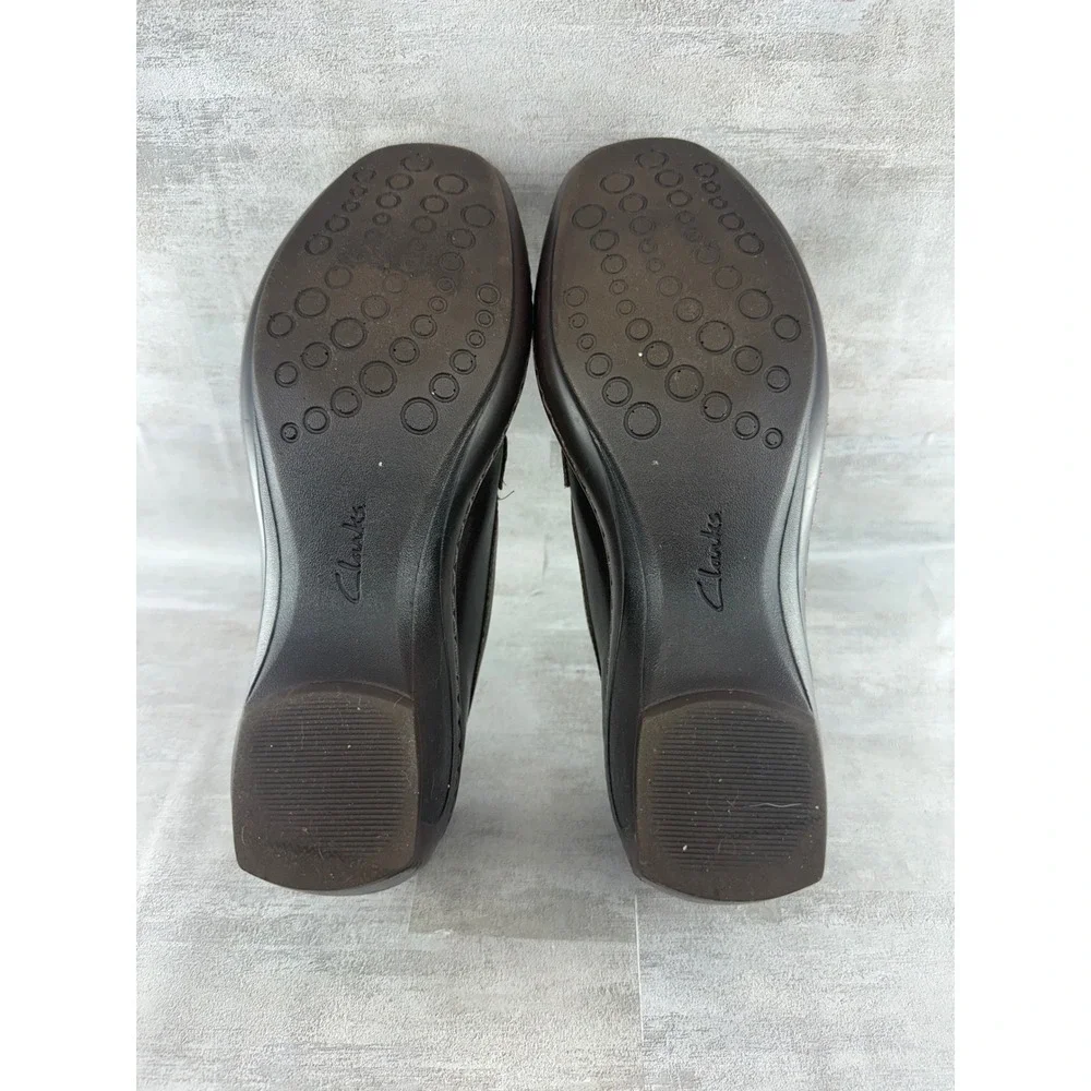Clarks Women Brown Leather Block Heel Loafers Square Moc Toe 79474 Size 9.5M
